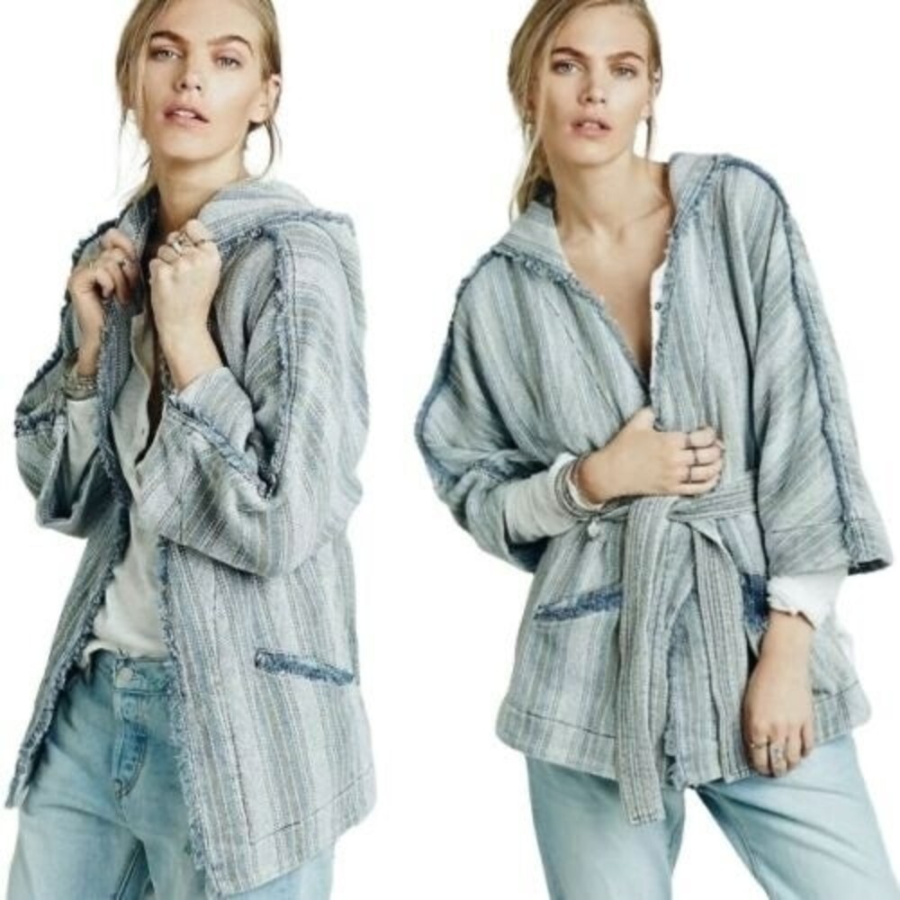 Free People small Blue Modern Striped Fringe Woven Wrap Hooded Boho Beach Jacket